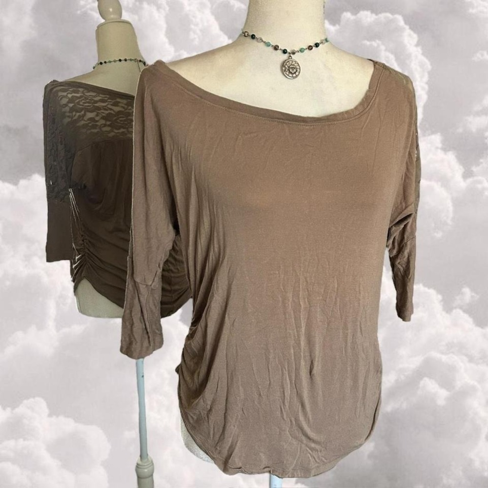 Brown Lace Slouchy Boho Long Sleeve Boho Top size Large